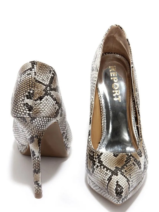Report Shoes - Report Tashi Natural Snake-Print Pointed Toe Platform Pump High Heels - Size 7.5